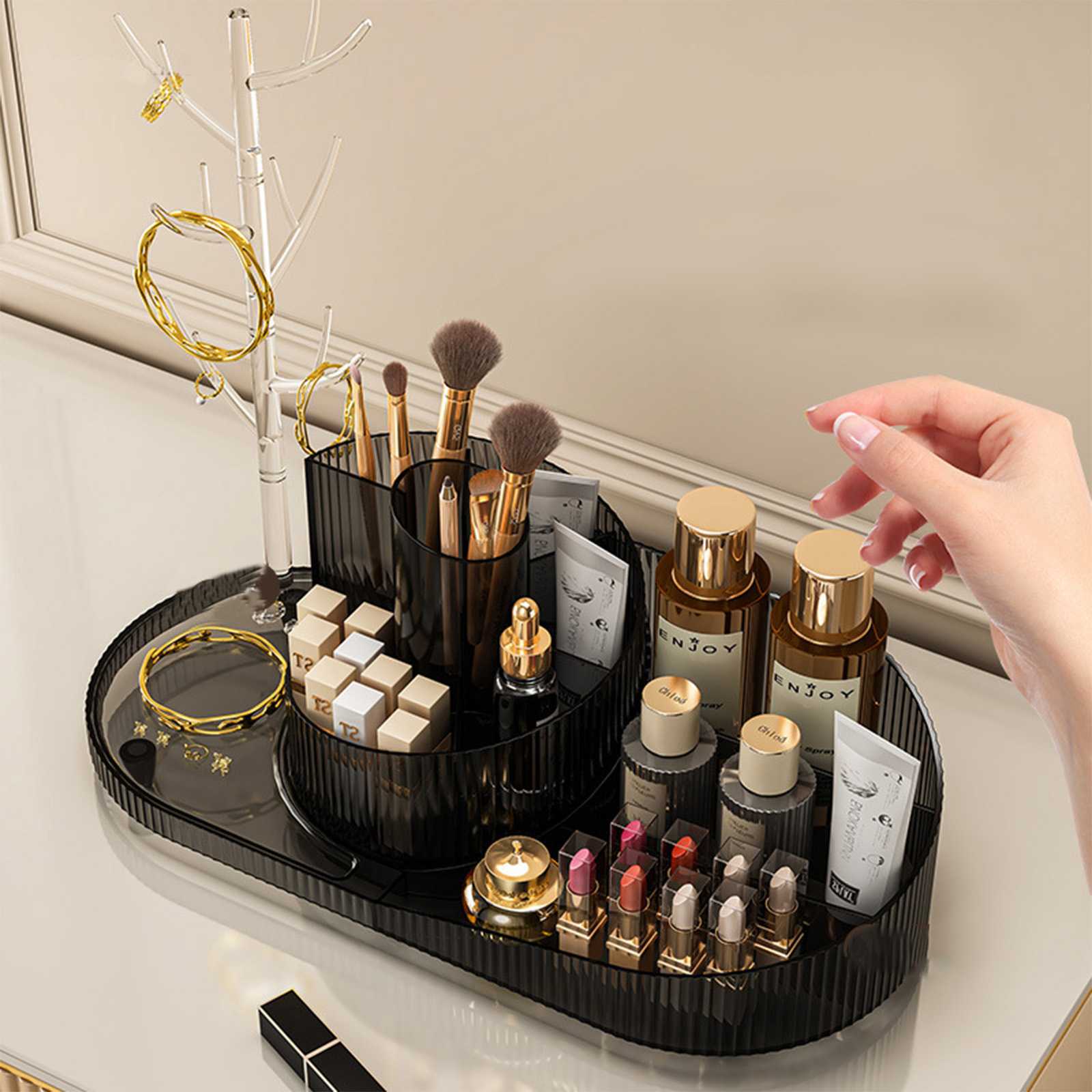 Rotating Makeup Organizer With Jewelry Storage Large Capacity Cosmetic Display Case Holds 20 Brushes, 10 Lipsticks, 8 Skincare Products 360 Spinning Vanity Organizer For Countertop & Bathroom
